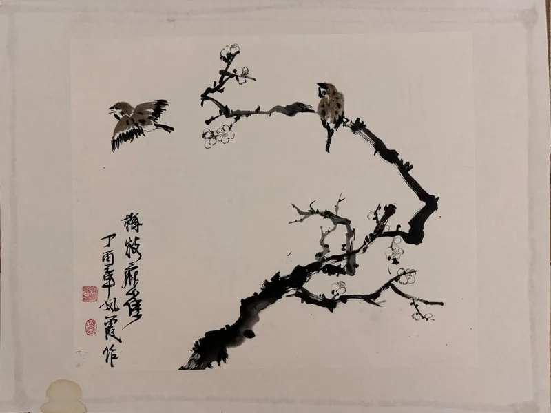 Two Sparrows on Winter Plum